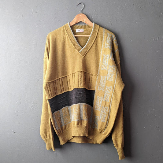 90s Mustard V Neck Jumper, Mens Alpaca Wool Blend Pullover, 50 Chest