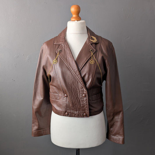 Womens Dieselpunk Leather Jacket, Short Deco Steampunk Coat, Size Medium
