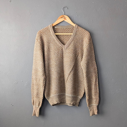80s Mens Wool Jumper, Neutral Honeycomb Knit, Size Large