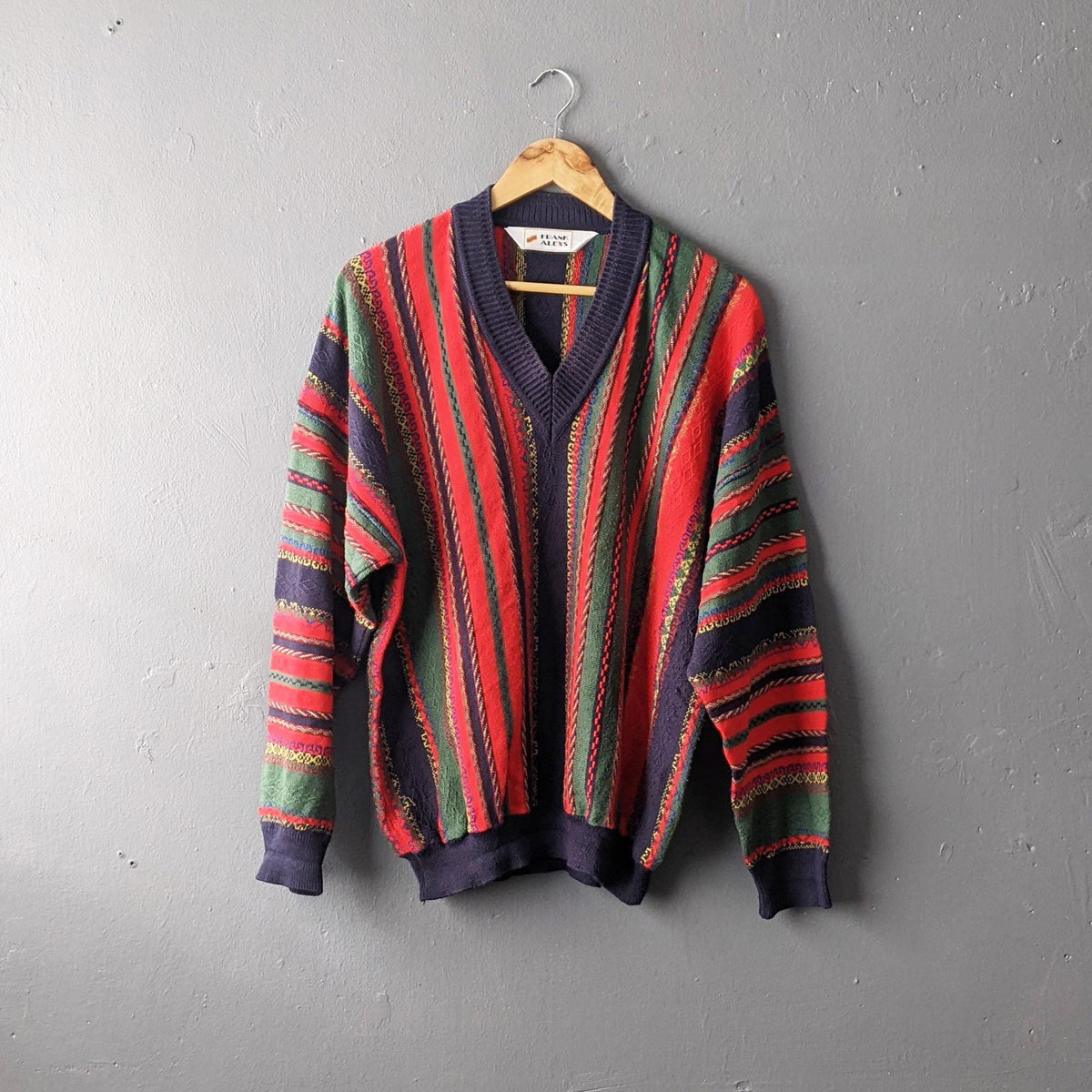80s Colourful Stripes Jumper by Frank Alexs, 3D Knit Pullover, Size Large XL