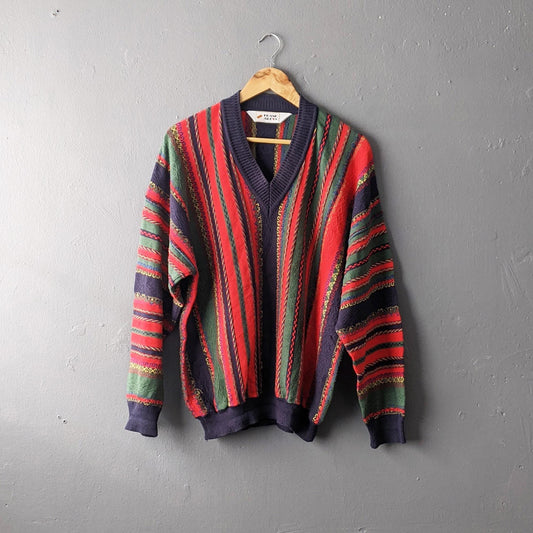 80s Colourful Stripes Jumper by Frank Alexs, 3D Knit Pullover, Size Large XL