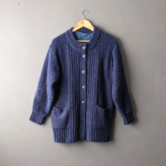80s Boucle Cardigan, Thick Blue Coatigan, Size Medium
