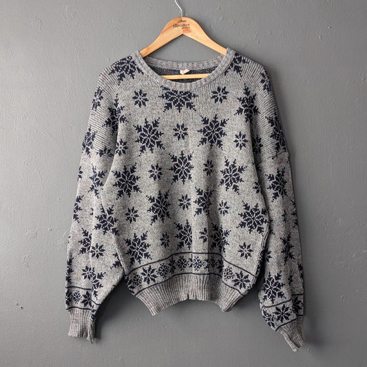 90s Snowflake Sweater, Boyfriend Oversized Slouchy Jumper, Size Large