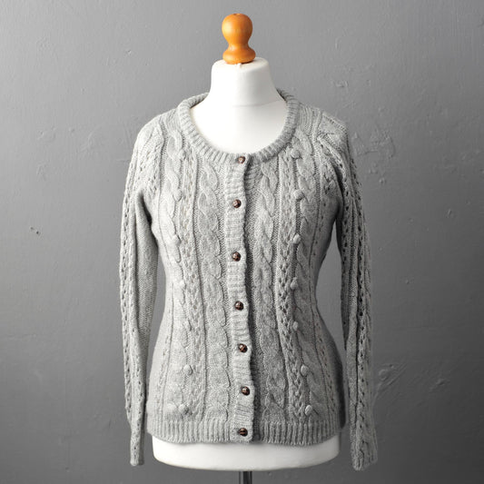 90s Soft Grey Cable Knit Cardigan, Size Small