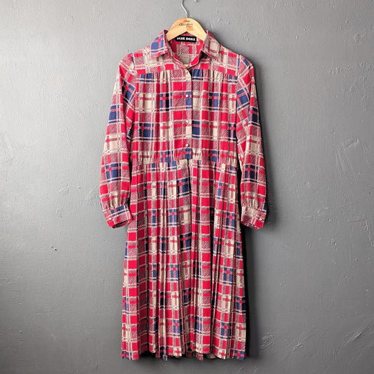80s Tartan Day Dress, Summer Pleated Shirtdress, Size Small Medium