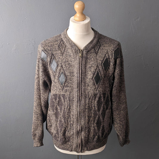 80s Mens Zip Front Cardigan with Diamond Leatherette Patches, Grandpa Knitwear, Size Large 46 Chest