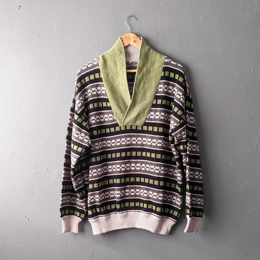 90s Striped High Neck Wool Blend Sweater with Button Shawl Collar, Size L XL 44 46 Chest