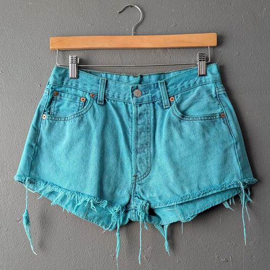 Aqua Blue Denim Shorts, Upcycled Cut Off Jeans, 30 waist