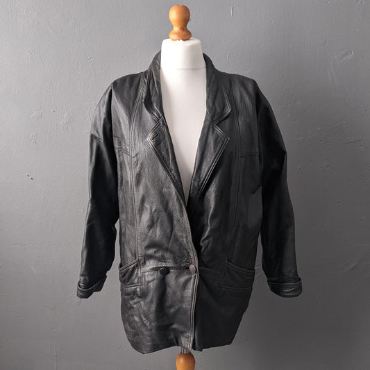 80s Oversized Leather Jacket, Distressed Cocoon Coat, Size Medium