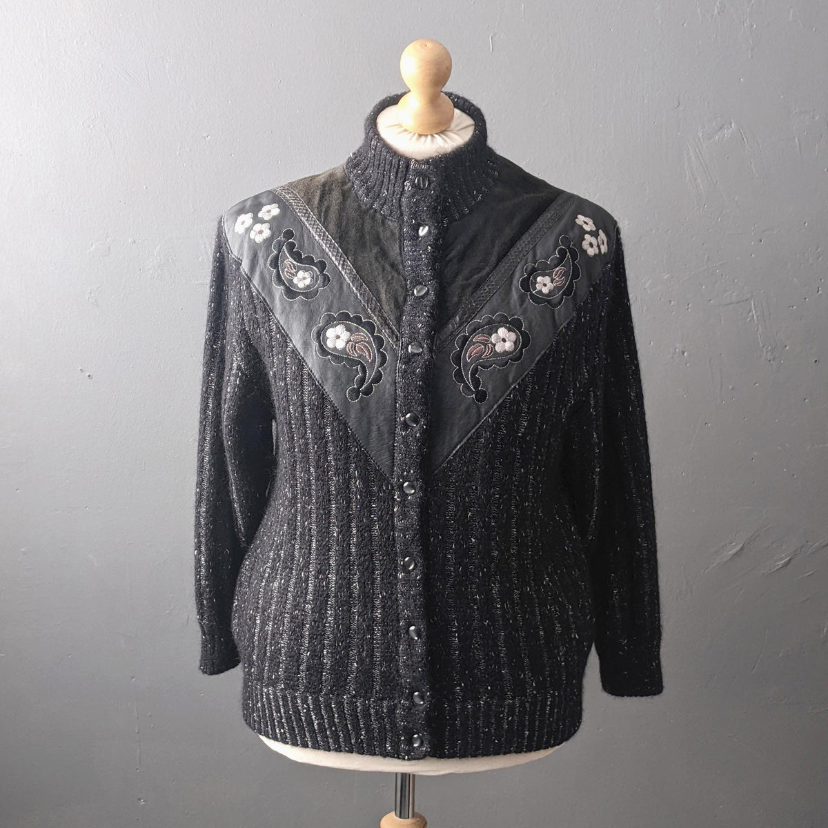 80s Embroidered Mohair Cardigan with Leather, Suede and Snakeskin, Plus Size XL