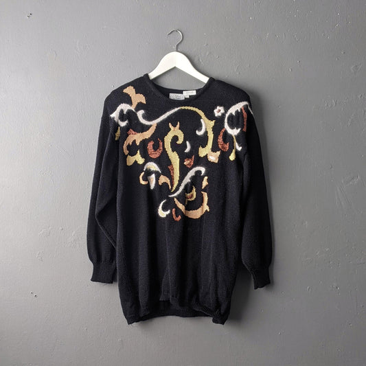 80s Sweater with Angora Curlicue Design, Kitsch Festive Flourish, Size Large XL