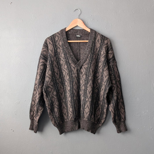 80s Monte Carlo V Neck Jumper, Wool Silk Blend Knit Pullover, 44 46 Chest