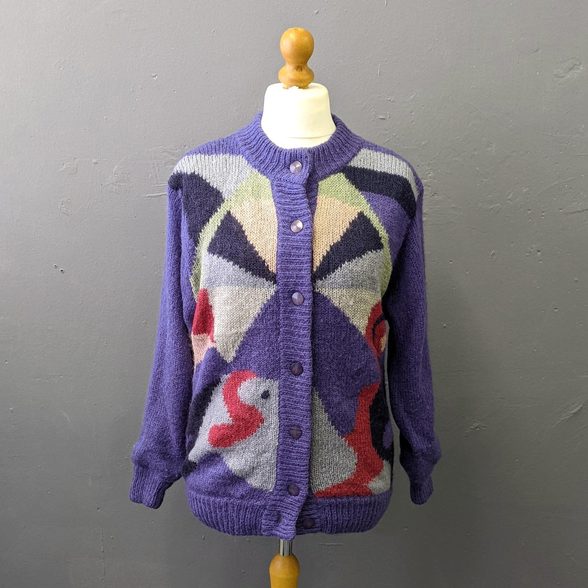 80s Colourful Purple Cardigan, Wool Blend Multicoloured Coatigan, Size Medium