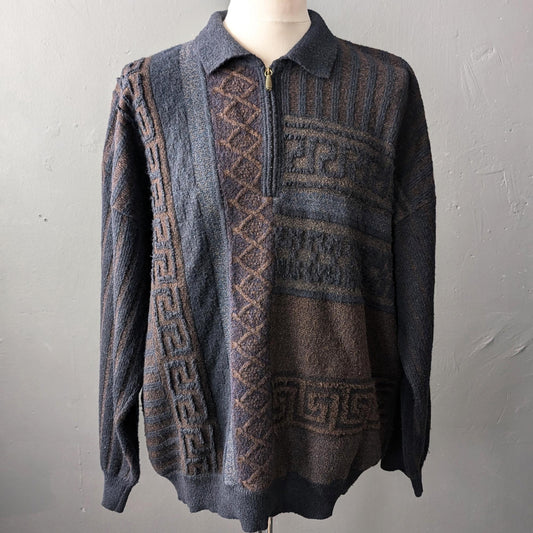 Mens 90s Wool Blend Jumper by Bueckle, Vertical Striped Zip Neck, Size Medium Large