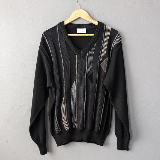 80s Monochrome Stripes Jumper by Renato Cavalli, Mens Eighties Pullover, Size Medium