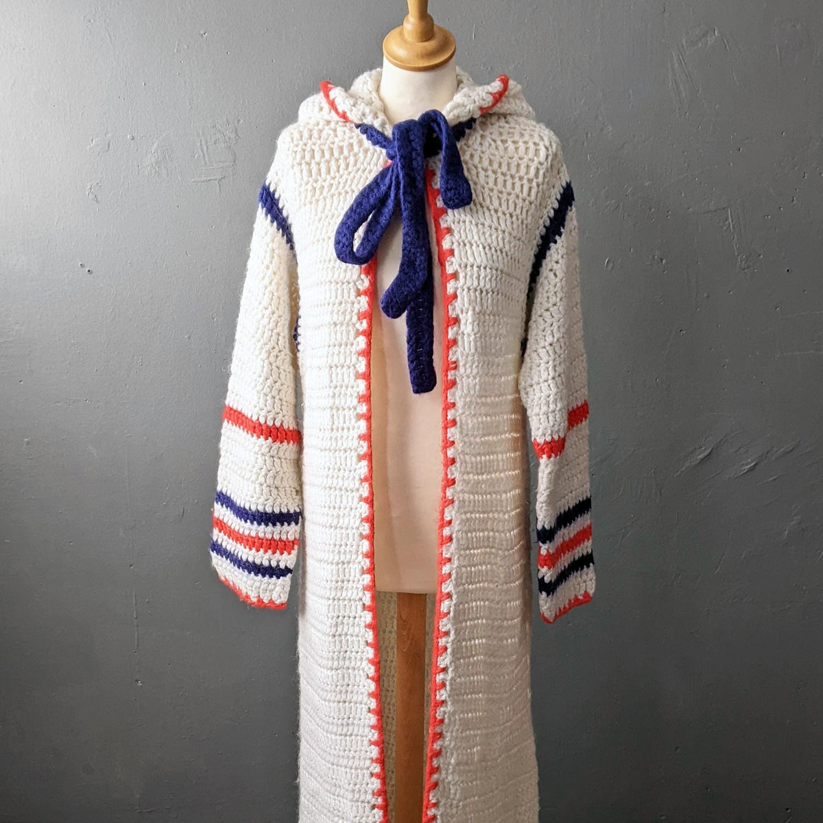 70s Chunky Knit Duster Cardigan, Ankle Length Wool Knitwear, Size Small Medium