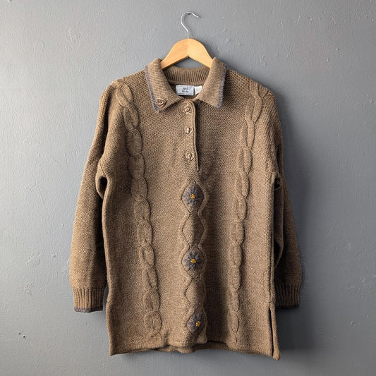 90s Khaki Floral Jumper, Cable Knit Pullover, Size Medium Large