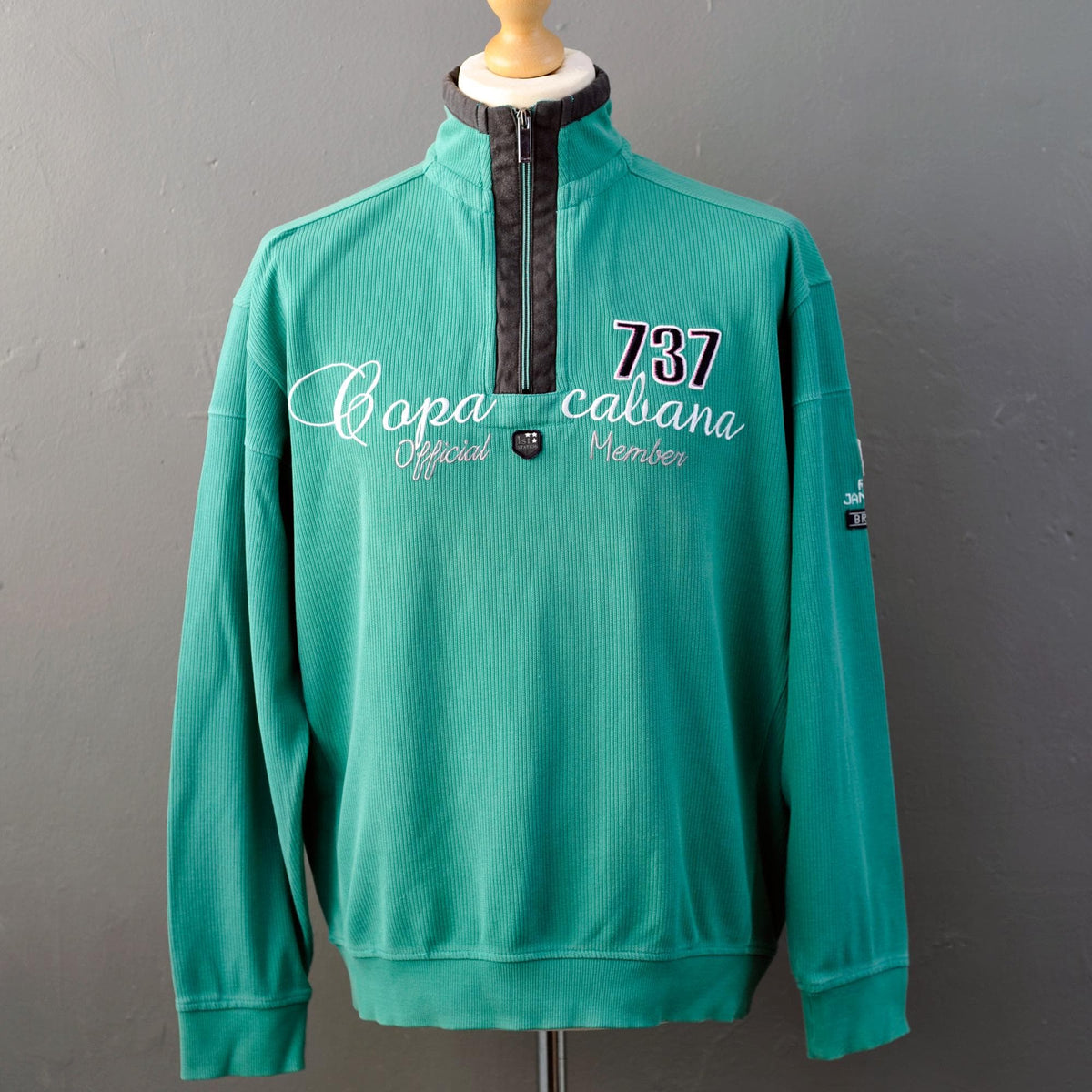 Y2K Ribbed Cotton Jumper with Zip Neck High Collar, Mint Green Engbers Capa Cabana, Size XXL