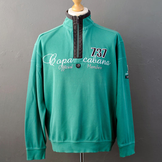 Y2K Ribbed Cotton Jumper with Zip Neck High Collar, Mint Green Engbers Capa Cabana, Size XXL