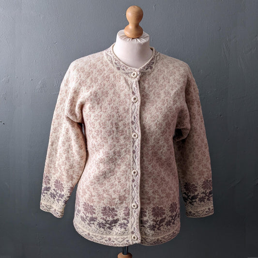 Vintage Wool Floral Cardigan, Cosy Cottagecore Knitwear, Size Medium Large
