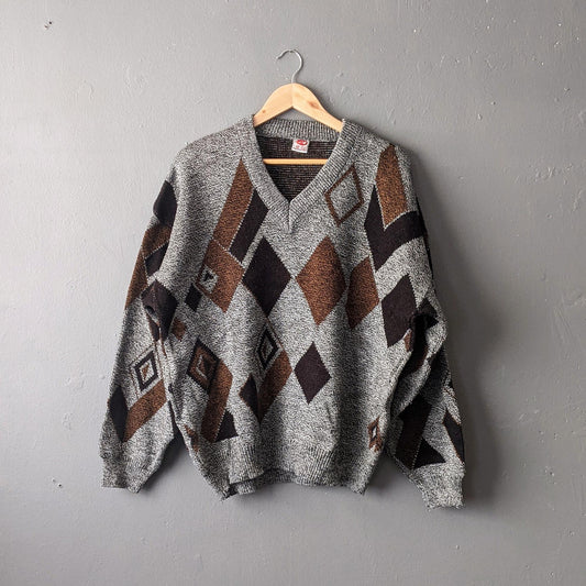 Mens 90s Rhombus Jumper, Geometric Knit Pullover, 50 Chest