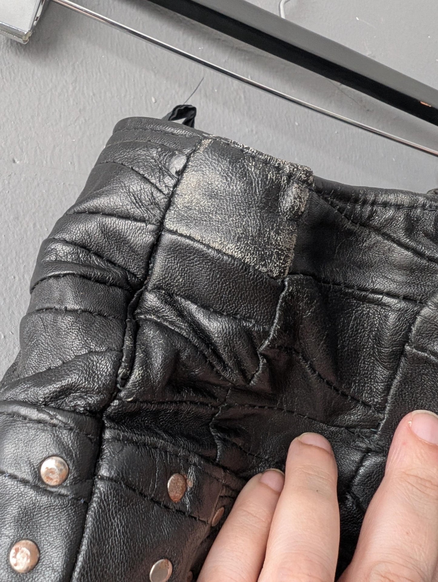Patchwork Leather Skirt, 80s Apocalyptic Rock Chick, Gothic Miniskirt, Size Medium