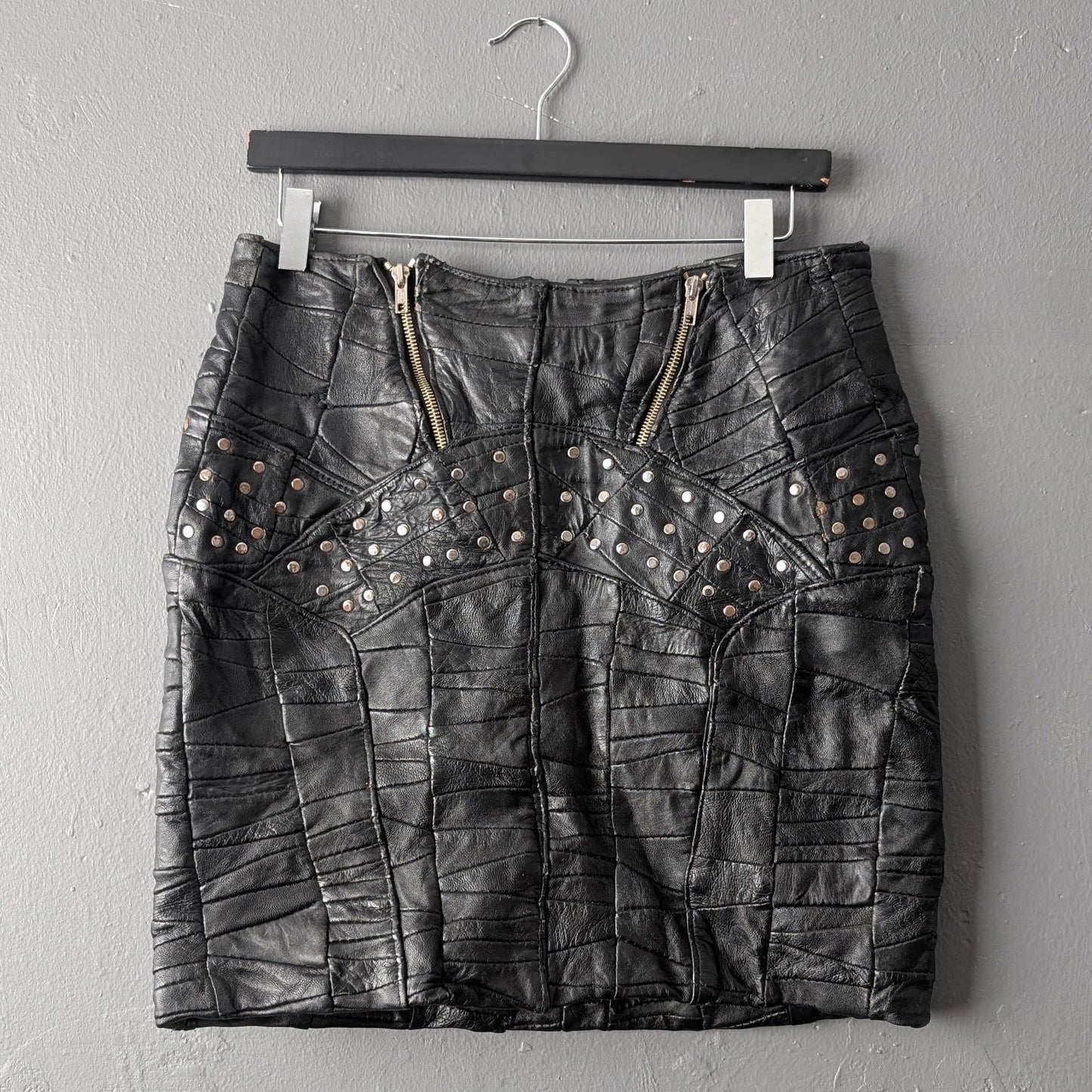Patchwork Leather Skirt, 80s Apocalyptic Rock Chick, Gothic Miniskirt, Size Medium