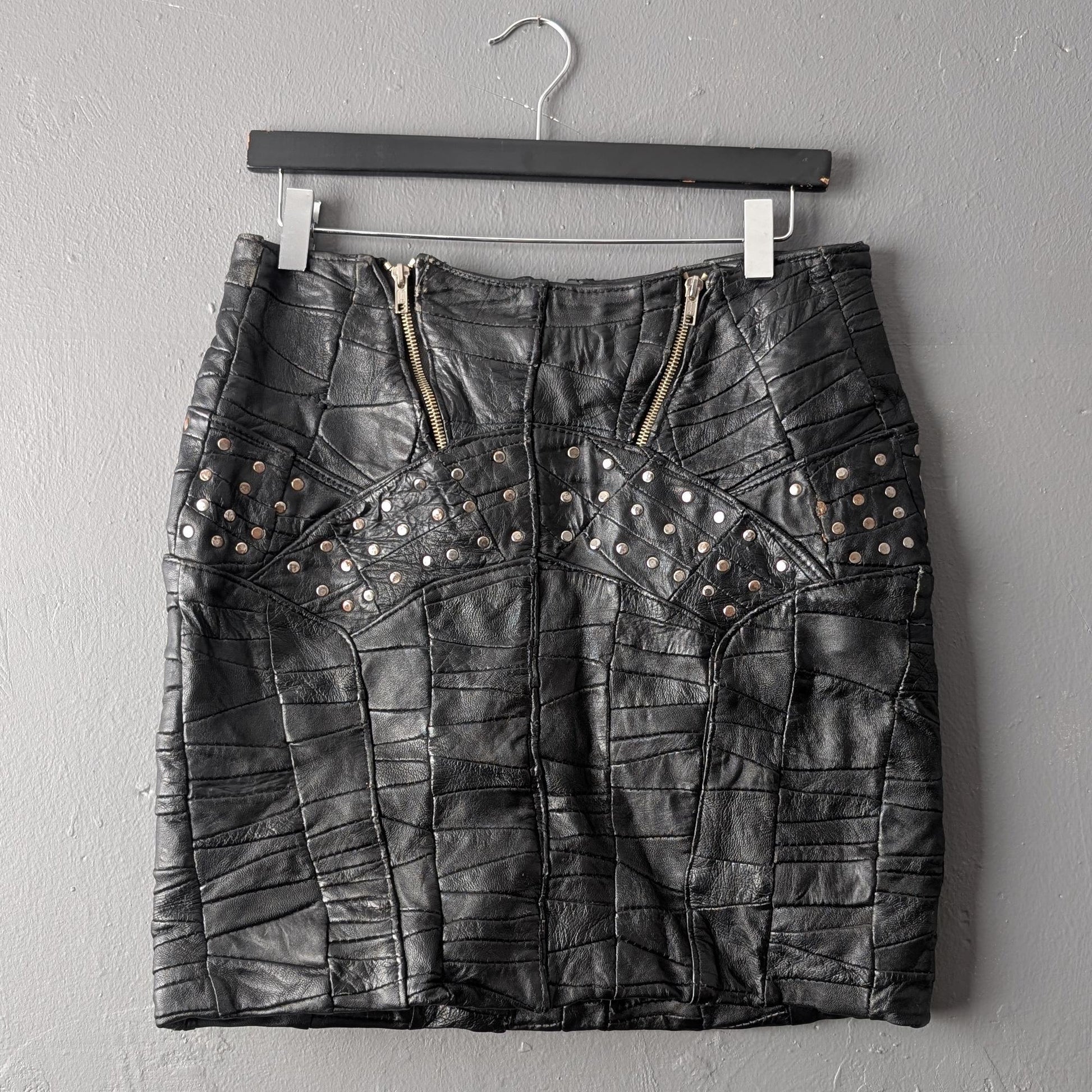 Patchwork Leather Skirt, 80s Apocalyptic Rock Chick, Gothic Miniskirt, Size Medium