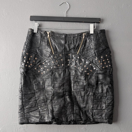 Patchwork Leather Skirt, 80s Apocalyptic Rock Chick, Gothic Miniskirt, Size Medium