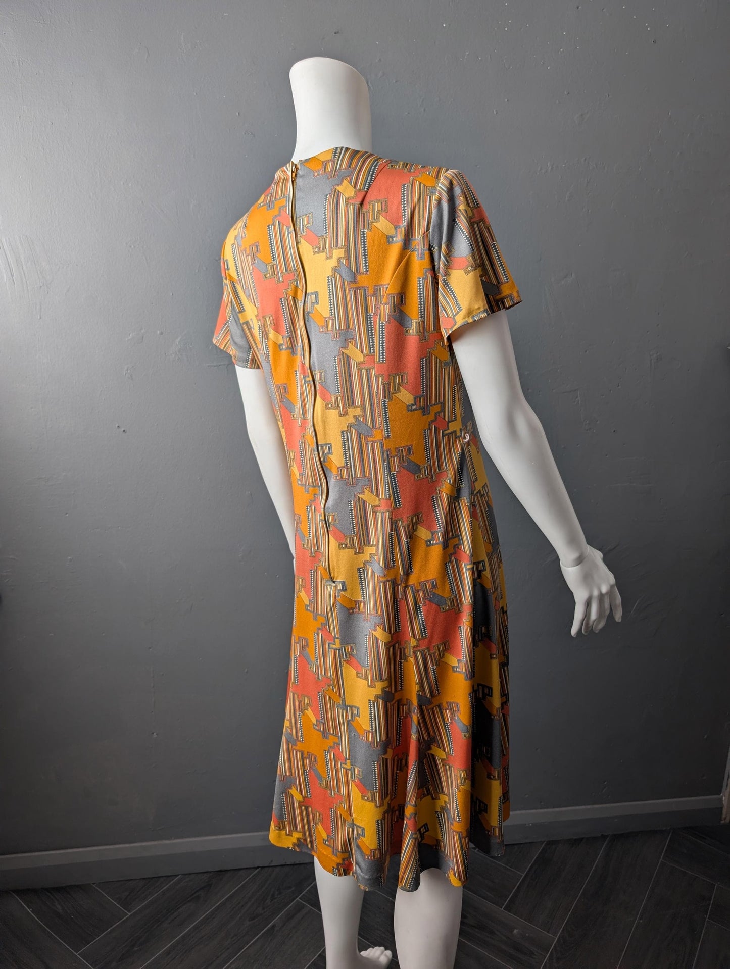70s Psychedelic Houndstooth Dress, Abstract Eastex Day Dress, Size Medium