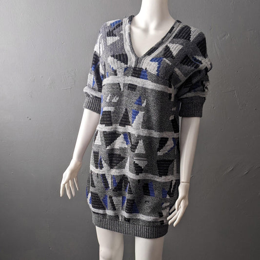 Retro Geometric Sweater Dress, Abstract Triangles Wool Jumper, Small to Medium