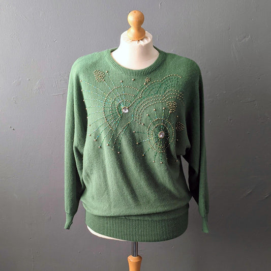 80s Beaded Sweater, Khaki Green Vegan Acrylic Jumper, Size XL
