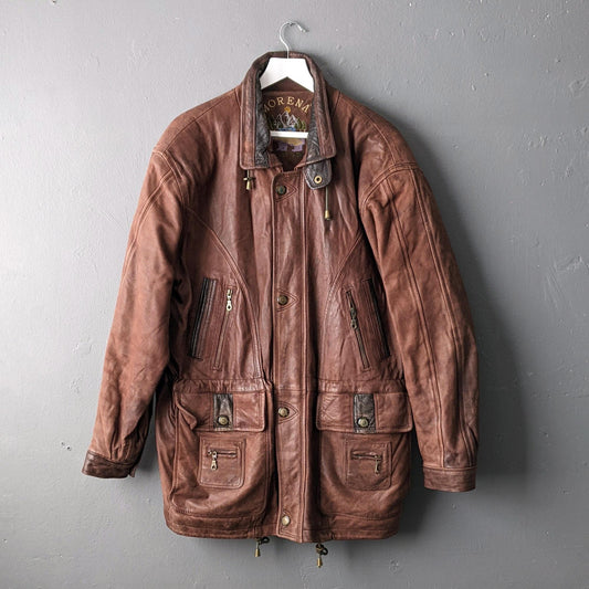 90s Brown Leather Parka, Hip Long Coat, Size Large
