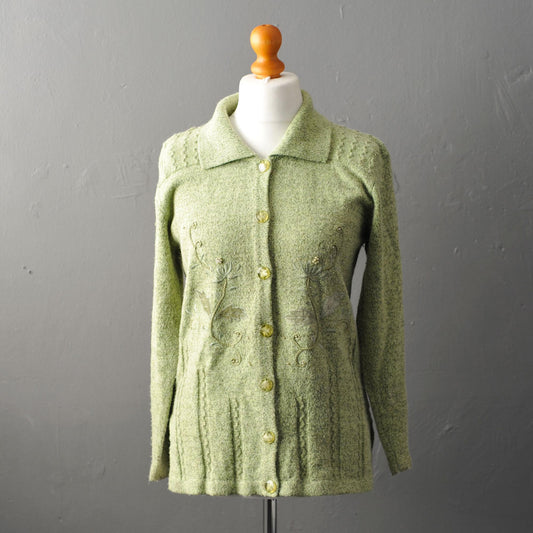 90s Speckled Floral Cardigan, Granny's Apple Green Knit, Size Medium