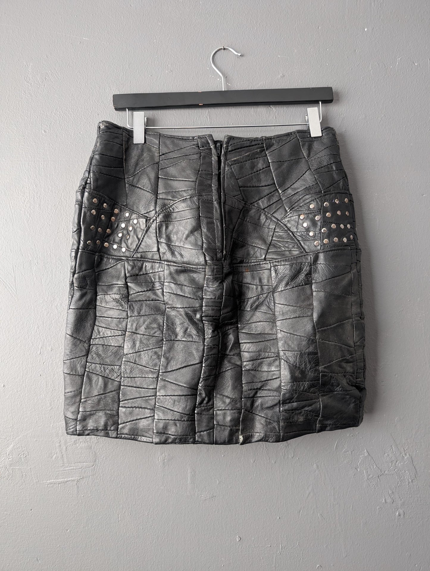 Patchwork Leather Skirt, 80s Apocalyptic Rock Chick, Gothic Miniskirt, Size Medium