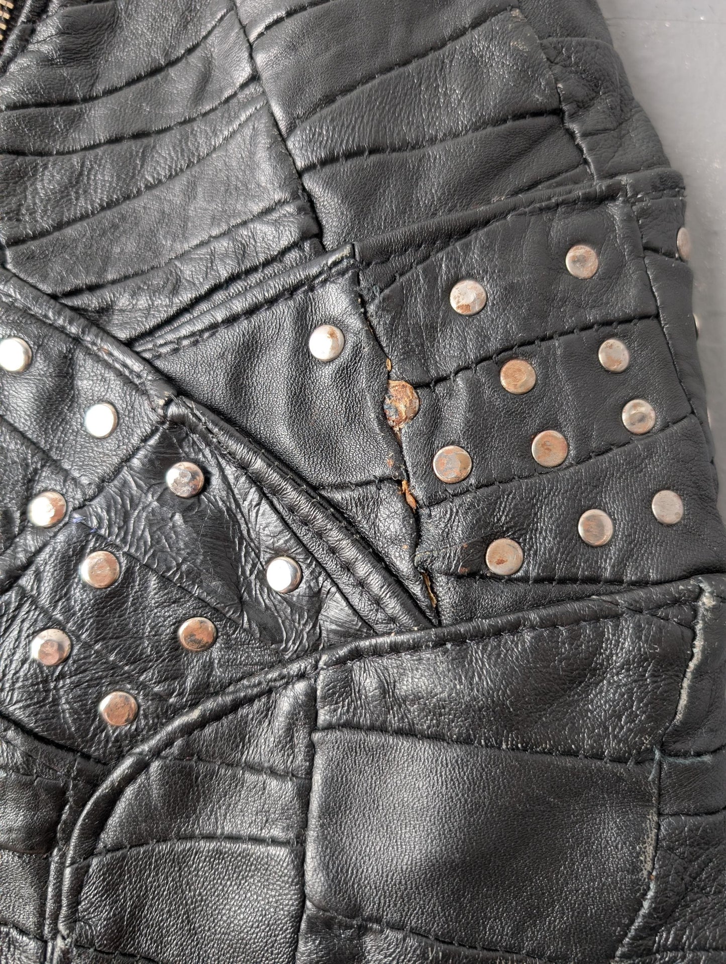 Patchwork Leather Skirt, 80s Apocalyptic Rock Chick, Gothic Miniskirt, Size Medium