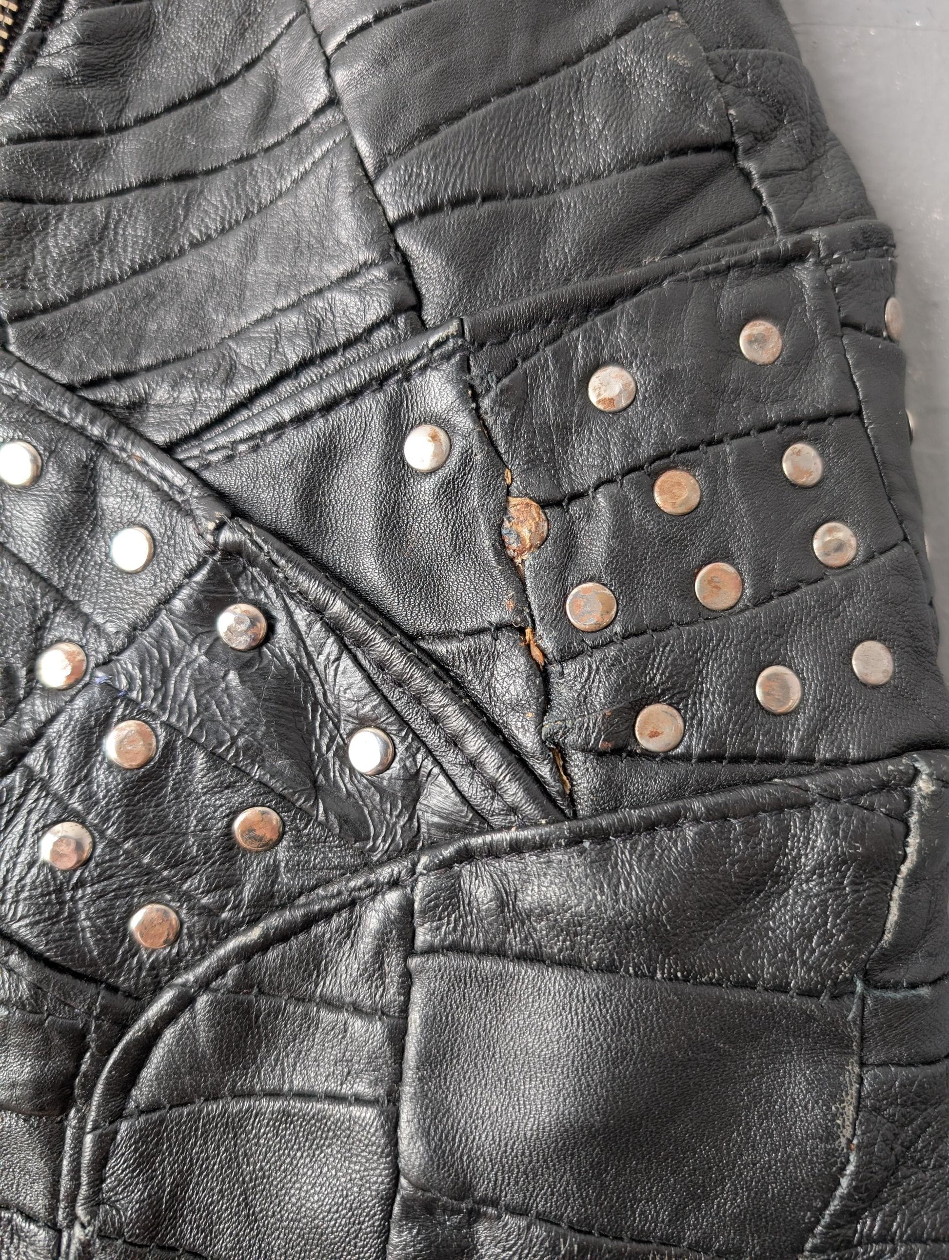 Patchwork Leather Skirt, 80s Apocalyptic Rock Chick, Gothic Miniskirt, Size Medium