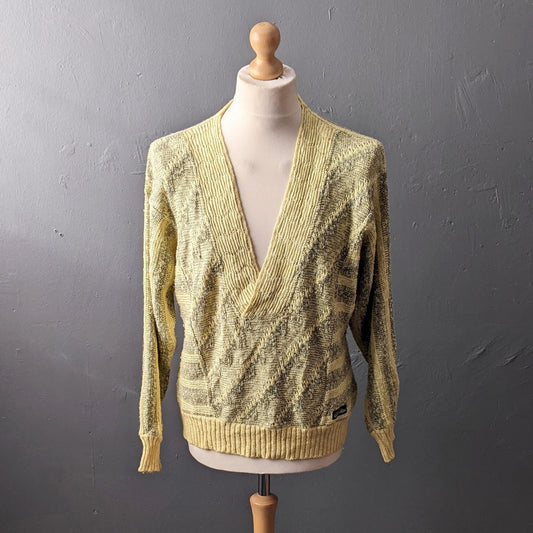 80s Carlo Colucci Jumper, Lemon Yellow Cotton V Neck Pullover, 48 Chest
