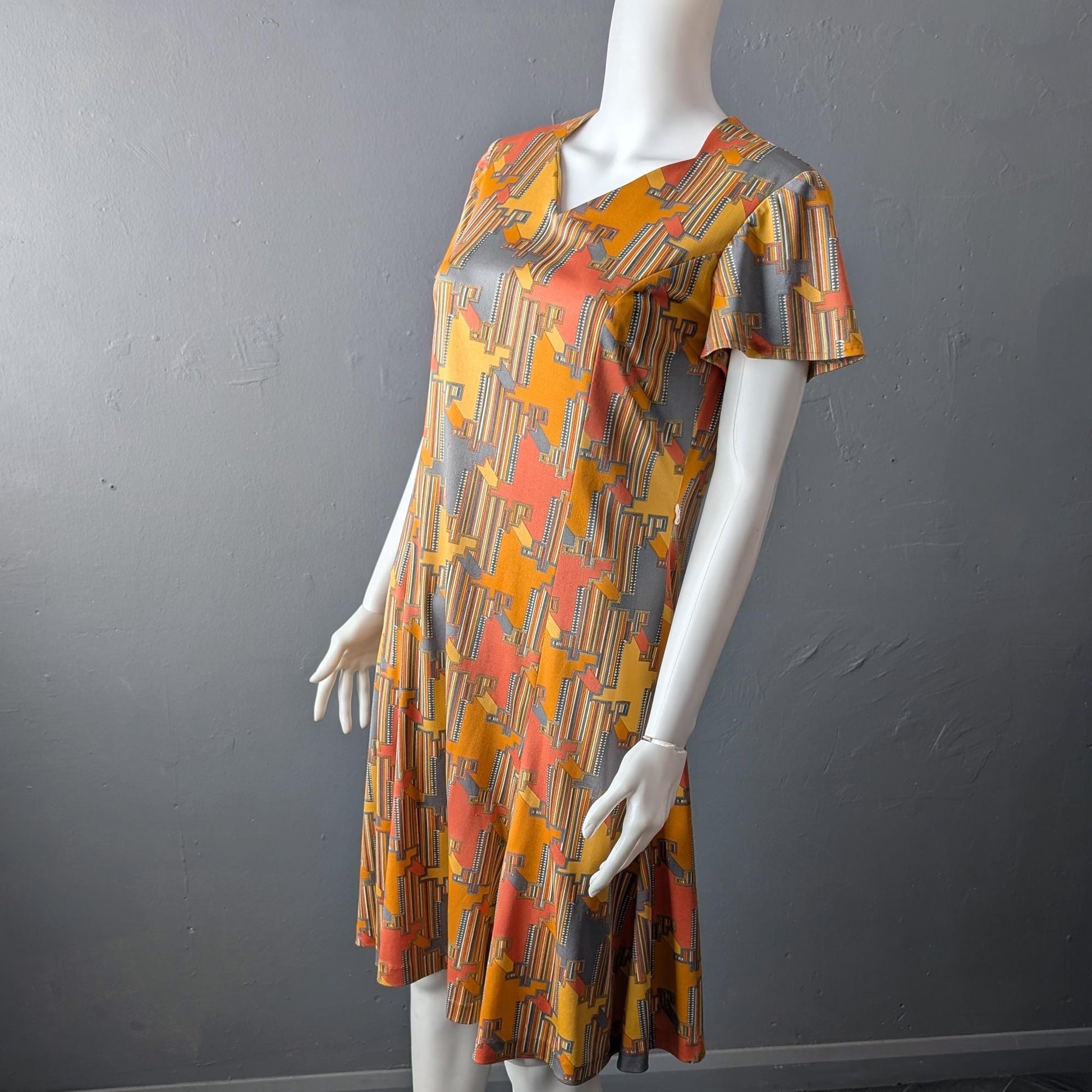 70s Psychedelic Houndstooth Dress, Abstract Eastex Day Dress, Size Medium