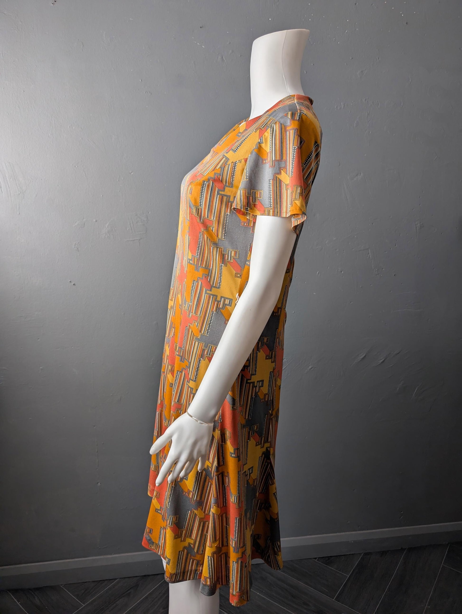 70s Psychedelic Houndstooth Dress, Abstract Eastex Day Dress, Size Medium