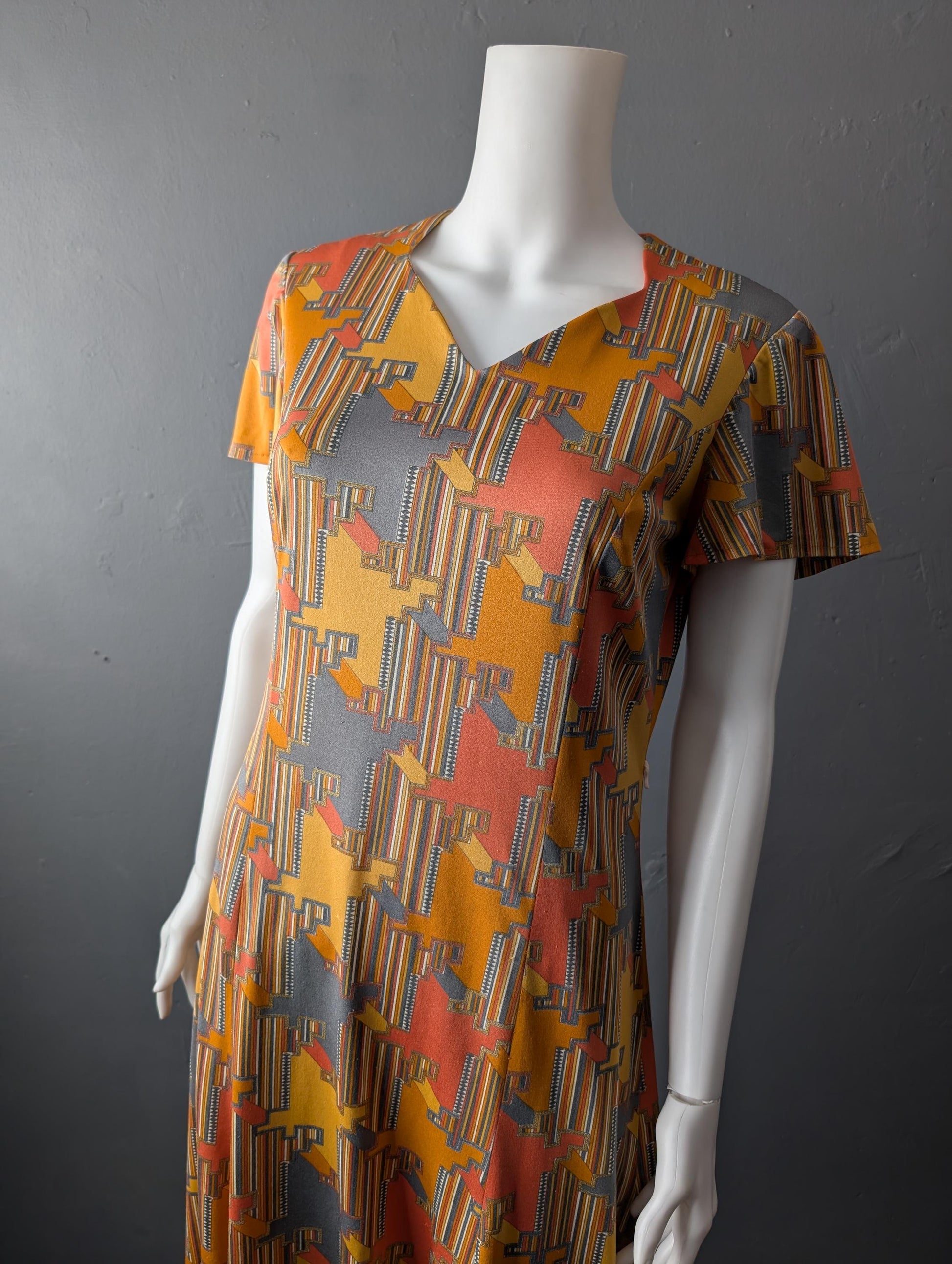 70s Psychedelic Houndstooth Dress, Abstract Eastex Day Dress, Size Medium