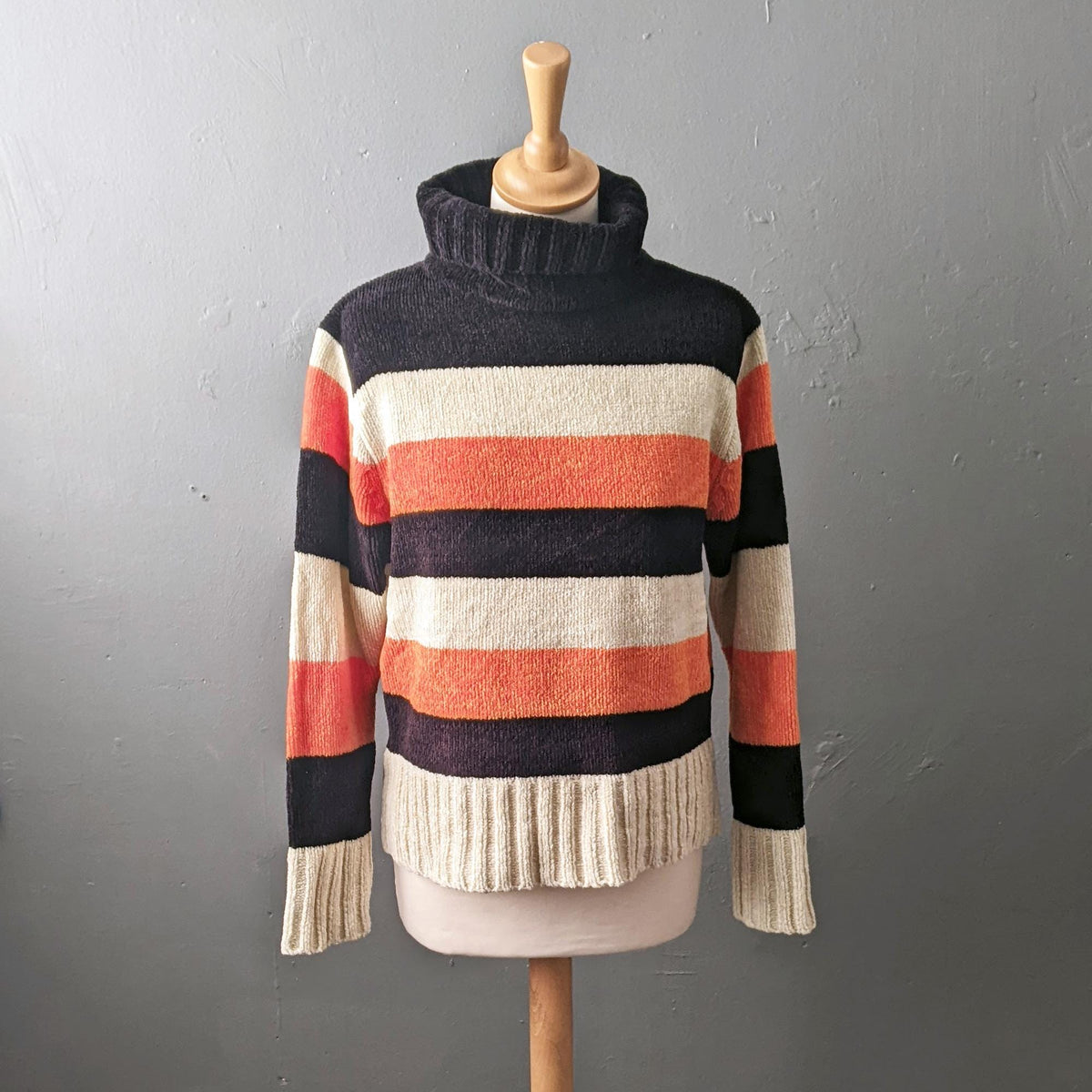 90s Autumnal Stripes Chenille Knit Jumper, Vegan High Neck Knitwear, Size Large