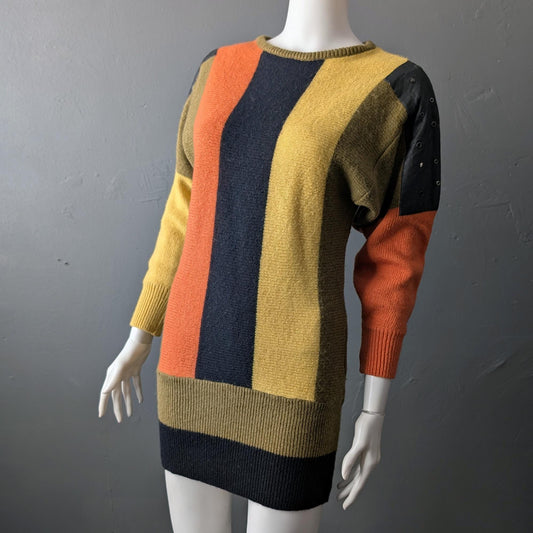 Bold Vertical Stripe Long Jumper, 90s Avant Garde Leatherette Sweater Dress, Size Small