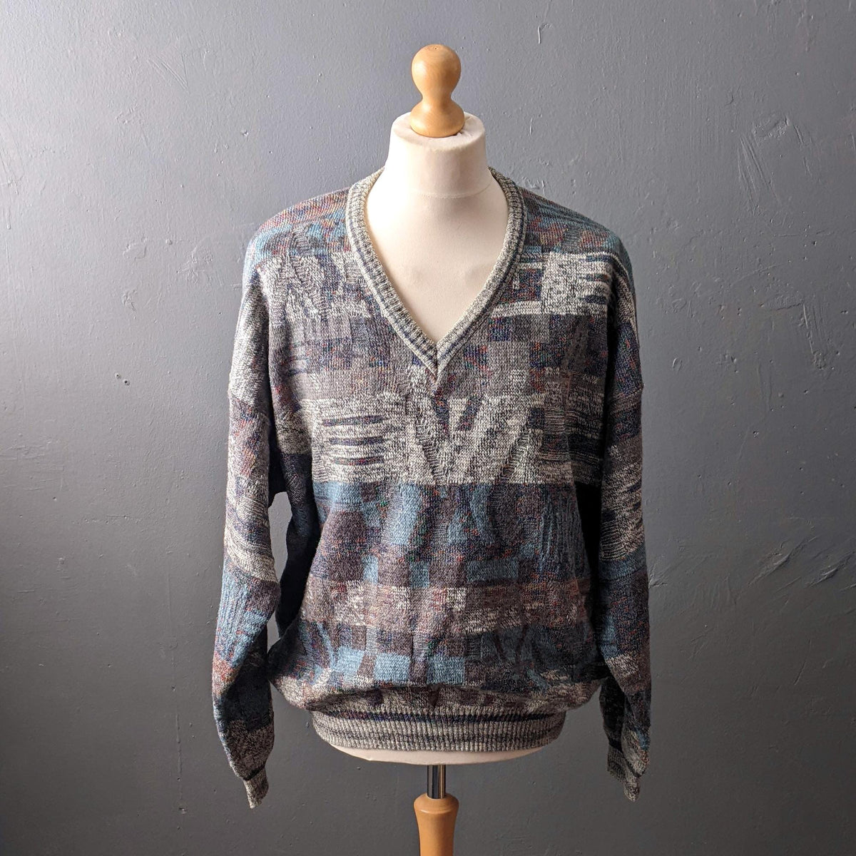 Mens 80s V Neck Jumper by Coletti Studio, Wool Blend Knit Pullover, 54 Chest