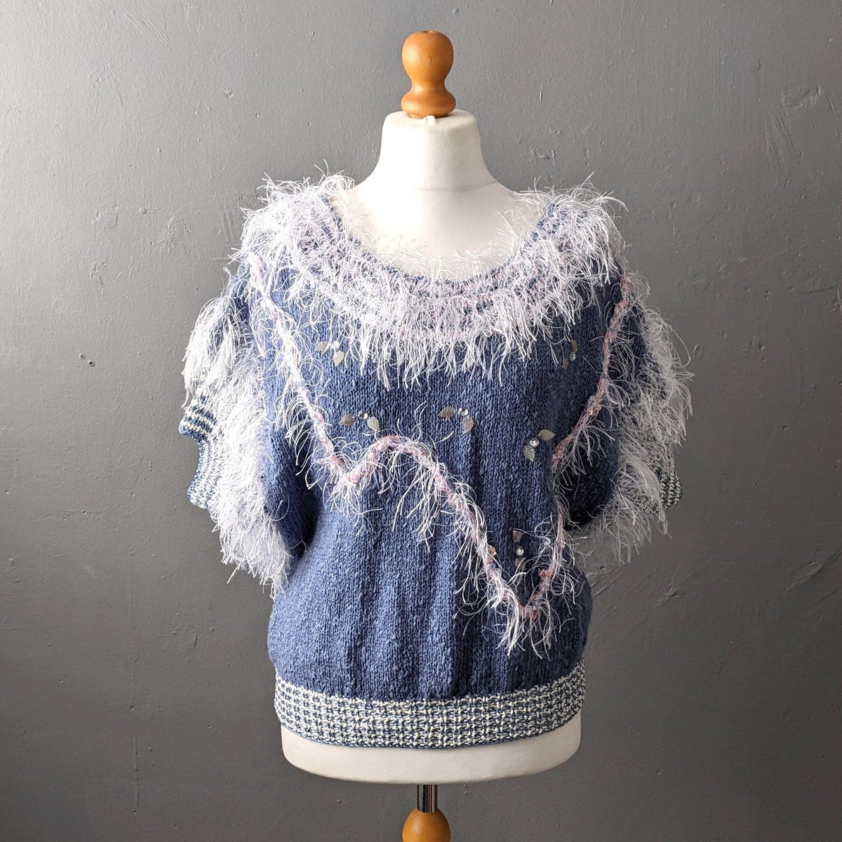 80s Fluffy Fringe Sweater, Kitsch Sequin Tank Top, Embellished Gem Vest, Small Medium