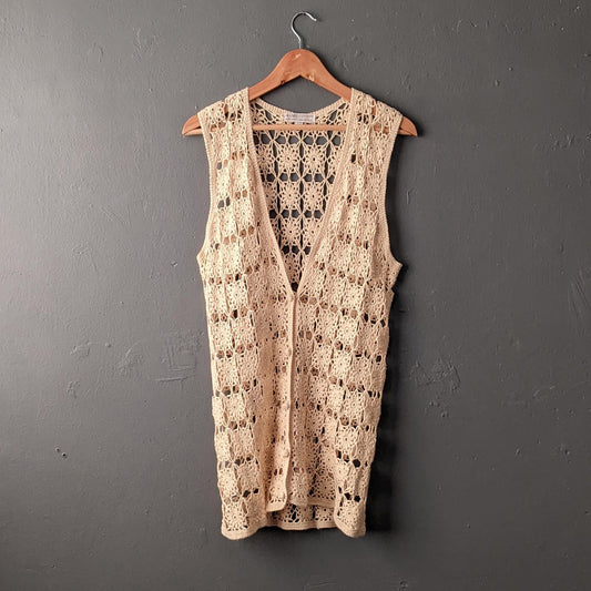 Vintage Crochet Vest, 90s Sleeveless Cardigan, Size Small