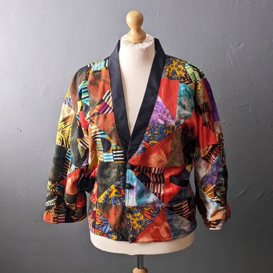 80s Multicoloured Patchwork Jacket, Vintage Handmade Batwing Coat, Size Medium