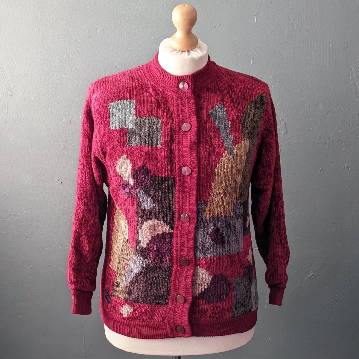 80s Maroon Velvety Cardigan, Multicoloured Chenille Coatigan, Size Medium