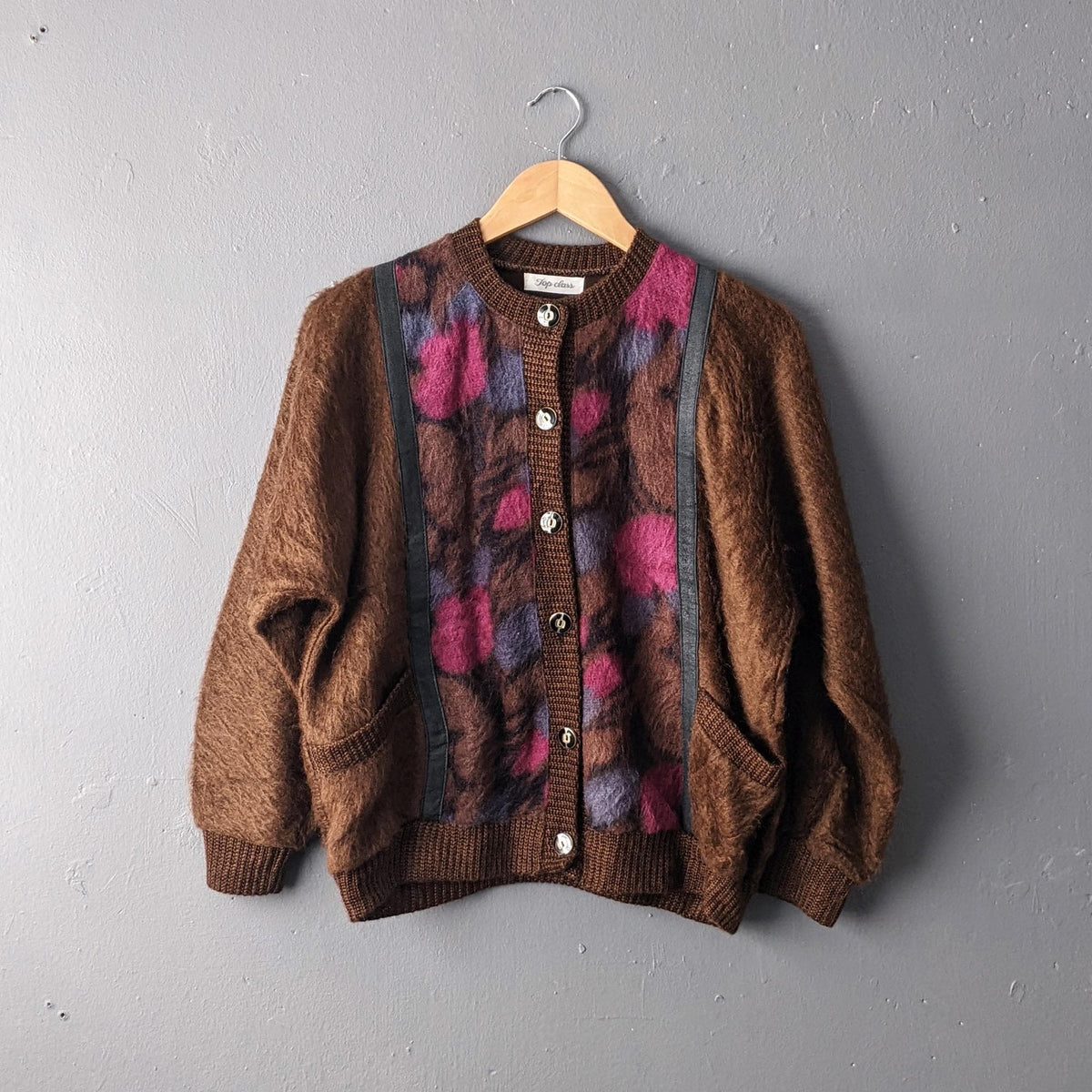 80s Granny Cardigan with Pockets, Furry Kitsch Japanese Vintage, Size Medium