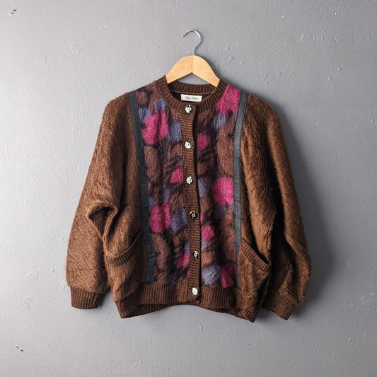 80s Granny Cardigan with Pockets, Furry Kitsch Japanese Vintage, Size Medium